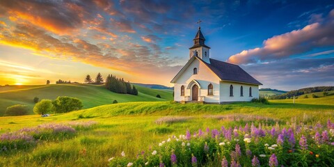A white church sits majestically on a grassy hillside, bathed in the soft light of a setting sun, surrounded by blooming wildflowers and rolling green hills.