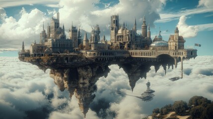 Fototapeta premium A Floating City Perched on a Cliff Above Clouds