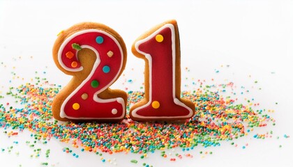 Decorated cookie, number 21, image for birthday or anniversary celebration