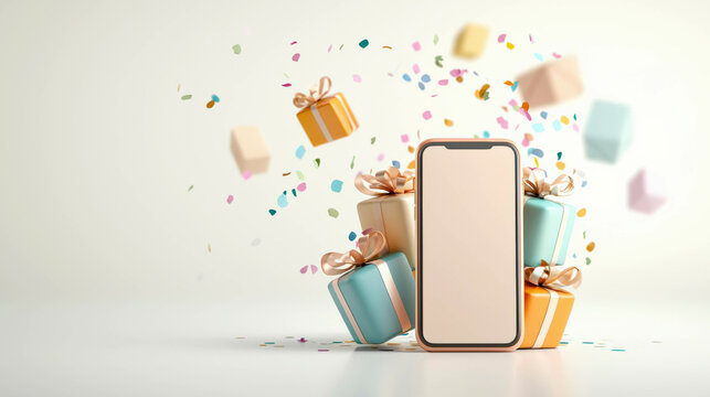 A cheerful shopping experience on a mobile device, surrounded by colorful gift boxes, confetti, and secure checkout icons, highlighting fast shipping, discounts, and seamless purchase.