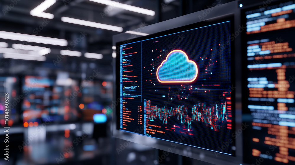 Poster cloud computing interface displaying data management and technology innovations