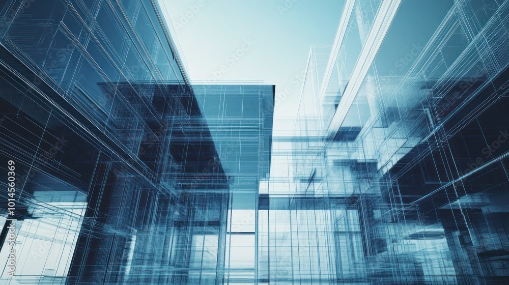 Poster abstract wireframe design of a modern glass building