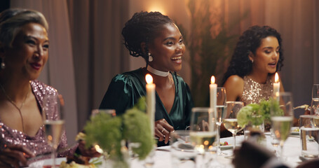 Women, dinner and business people at party with food, drinks and plate for charity drive at night. Group, friends and luxury fine dining for fundraiser with celebration, alcohol or talk at gala event