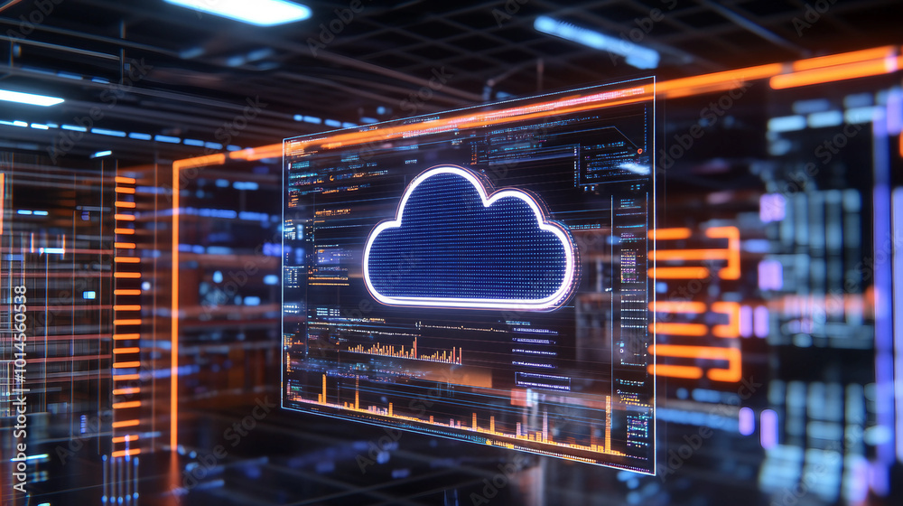 Poster cloud computing interface displaying data management and technology innovations