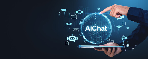 Man using tablet, finger touch digital AI assistant hologram. Copy space