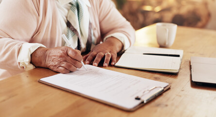 Hands, signature and senior woman with application for retirement investment plan with budget. Document, writing and elderly female person with financial form for pension fund payout at home.