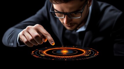 The Digital Architect: A close-up portrait of a focused businessman, meticulously manipulating a glowing digital interface, his eyes fixated on the intricate circuitry.