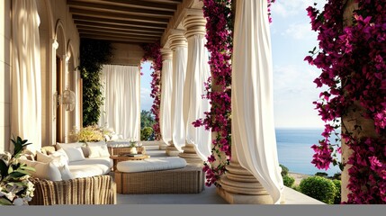 Fototapeta premium A stylish Mediterranean porch with a rattan seating area