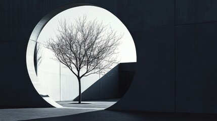 A Silhouette of a Bare Tree Framed by a Circular Window in a Concrete Wall