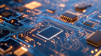 Obraz premium Abstract Digital Circuit Design with Glowing Lights and Complex Patterns