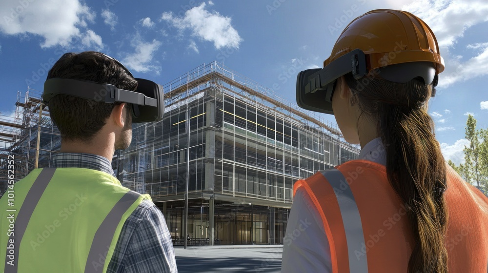 Poster construction workers using virtual reality headsets to review building plans
