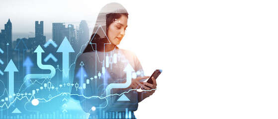 Businesswoman using smartphone with financial graph overlay on c