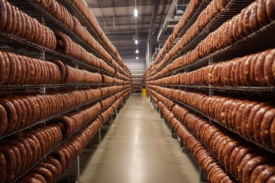 Long rows of hanging sausages in an industrial meat processing facility. Perspective view of sausage