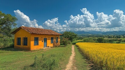 Obraz premium A yellow farmhouse sits on a hill overlooking a field of golden wheat with a dirt path leading towards it under a bright blue sky with puffy clouds.