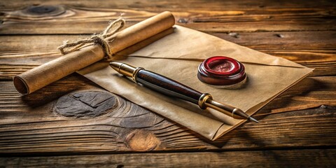 A Sealed Letter Ready for Delivery, Waiting for a Message to Be Inscribed with an Elegant Quill Pen on Rough Wooden Surface © Kukar Studio