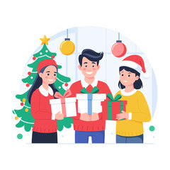 A flat illustration showing people with christmas gifts 