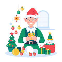 Boy with christmas decor flat illustration 
