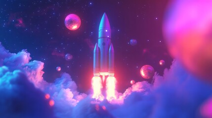 A blue rocket with white accents rises through pink and blue clouds as it blasts off into space. The rocket is surrounded by pink and purple glowing planets and stars.