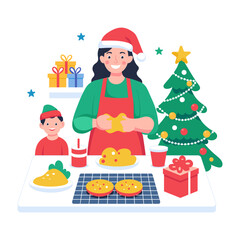 A flat illustration showing woman preparing christmas food 