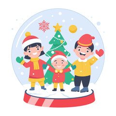 People with snow globe enjoying christmas, flat illustration 