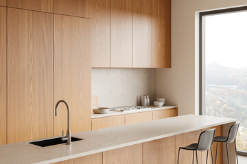 Beige home kitchen interior with bar island, cooking cabinet and panoramic window