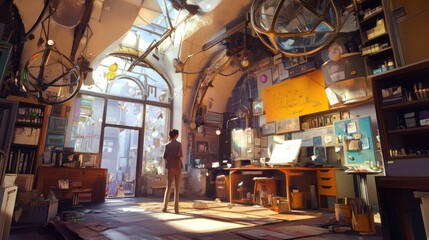 A lone figure stands in a cluttered, sunlit room with a large window overlooking a city.