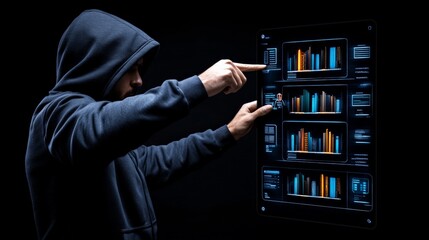 The Shadow Hacker: A hooded figure, shrouded in mystery, analyzes complex data on a futuristic interface, their fingers dancing across the screen. The image evokes a sense of intrigue and danger.