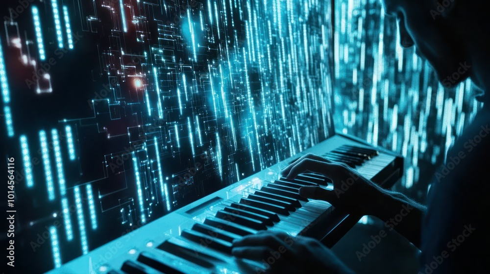 Poster a person playing a keyboard in front of a digital blue background