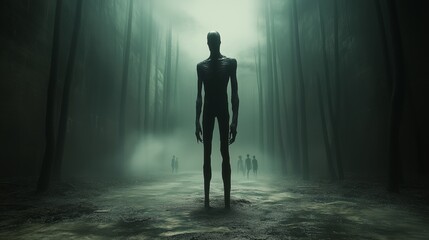 A man stands in a forest with a group of people behind him. Scene is eerie and mysterious