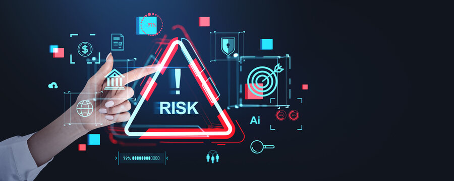 Businesswoman finger touch risk management hologram with business icons