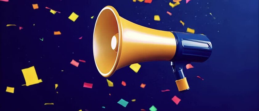 3D yellow megaphone with explosion confetti. Birthday surprise. Advertising trough loudspeaker and megaphone with news and events. Firecracker with serpentine. Cartoon creative design icon 4k video