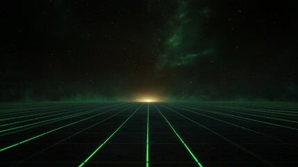 A dark, starry sky with a greenish glow. The sky is filled with stars and the greenish glow is coming from the ground