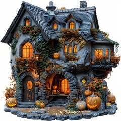 Fototapeta premium Spooky Halloween Decorated House in 3D Cartoon Style