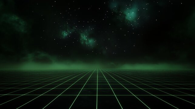 A dark, starry sky with a green background. The sky is filled with stars and the green background is a representation of a futuristic city - Powered by Adobe