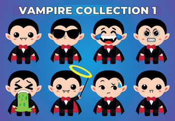 Cute vampire with expressions, collection 1, stick Emotions, smiling, crying, serious, angry, embarrassed, scared, sick, eating, in love
