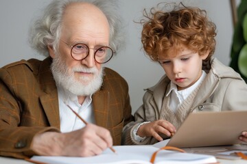 An elderly man with white hair and glasses is helping his young grandson with homework, both focused on writing and learning together, creating a warm and educational moment of family bonding