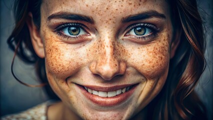 A close-up portrait of a young woman with freckles, her eyes sparkling with joy and a warm, genuine smile that illuminates her face.