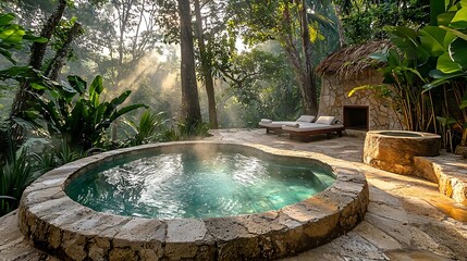 Tropical Jungle Resort Pool Spa Stone Hot Tub Lush Greenery Relaxing Getaway
