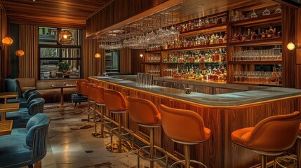 Fototapeta premium An inviting bar area with a mix of sleek and warm wood finishes