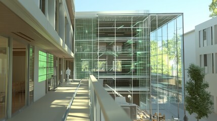Modern Building With Glass Facade and Green Grid Pattern