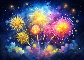 Fototapeta premium Joyful fireworks painted in vibrant watercolors light up the sky, symbolizing celebration and happiness, creating a dazzling spectacle of color and