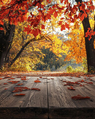 Wooden table with fallen leaves in an autumn park surrounded by colorful foliage.