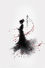 Elegant Sumi-e painting of a woman&rsquo;s silhouette, created with soft, fluid ink strokes. A fusion of tradition and minimalism, ideal for wall art, logo design, fashion, and book illustrations