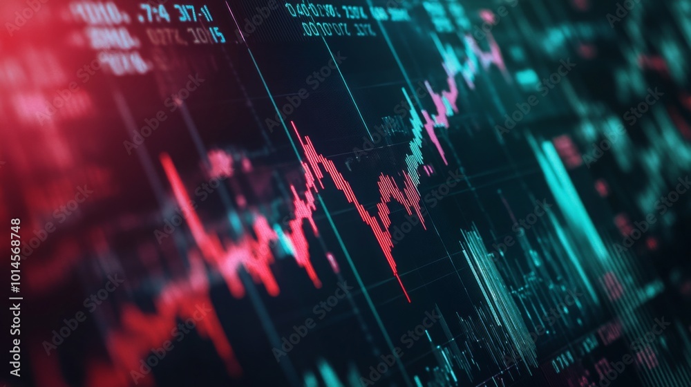 Poster a vibrant digital stock market chart with fluctuating lines and data visuals, representing trading a