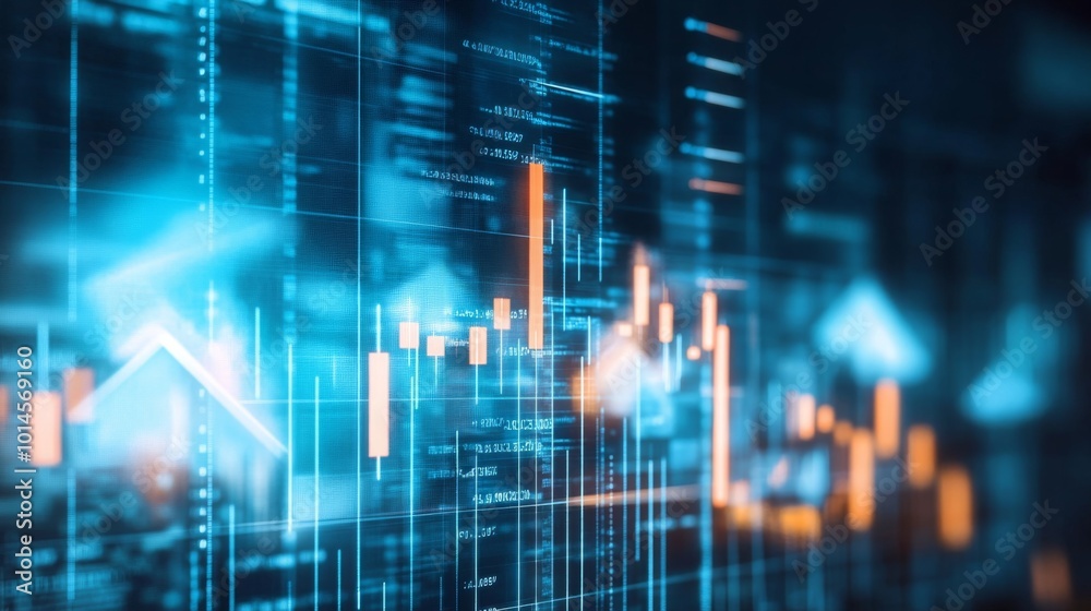 Poster a vibrant digital display featuring data visualizations, graphs, and finance analytics, showcasing t