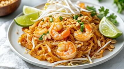 A plate of shrimp pad Thai garnished with lime, bean sprouts, and peanuts.
