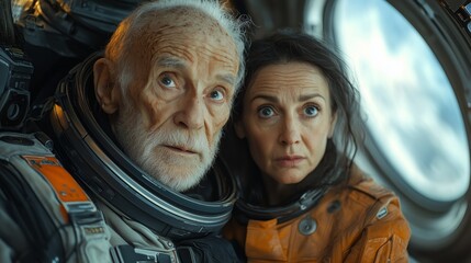 A man and woman are in space, with the man wearing a spacesuit. The woman is looking at the man with a surprised expression