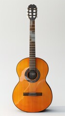 Classic acoustic guitar, white background, 4K hyperrealistic photo