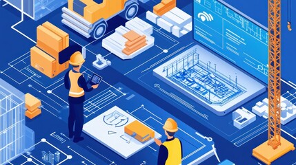 Obraz premium Construction Workers Reviewing Building Plans with Digital Technology