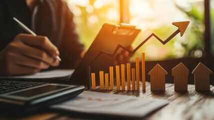 A person analyzes financial data with a laptop, calculator, and graphs, representing property trends and market growth.